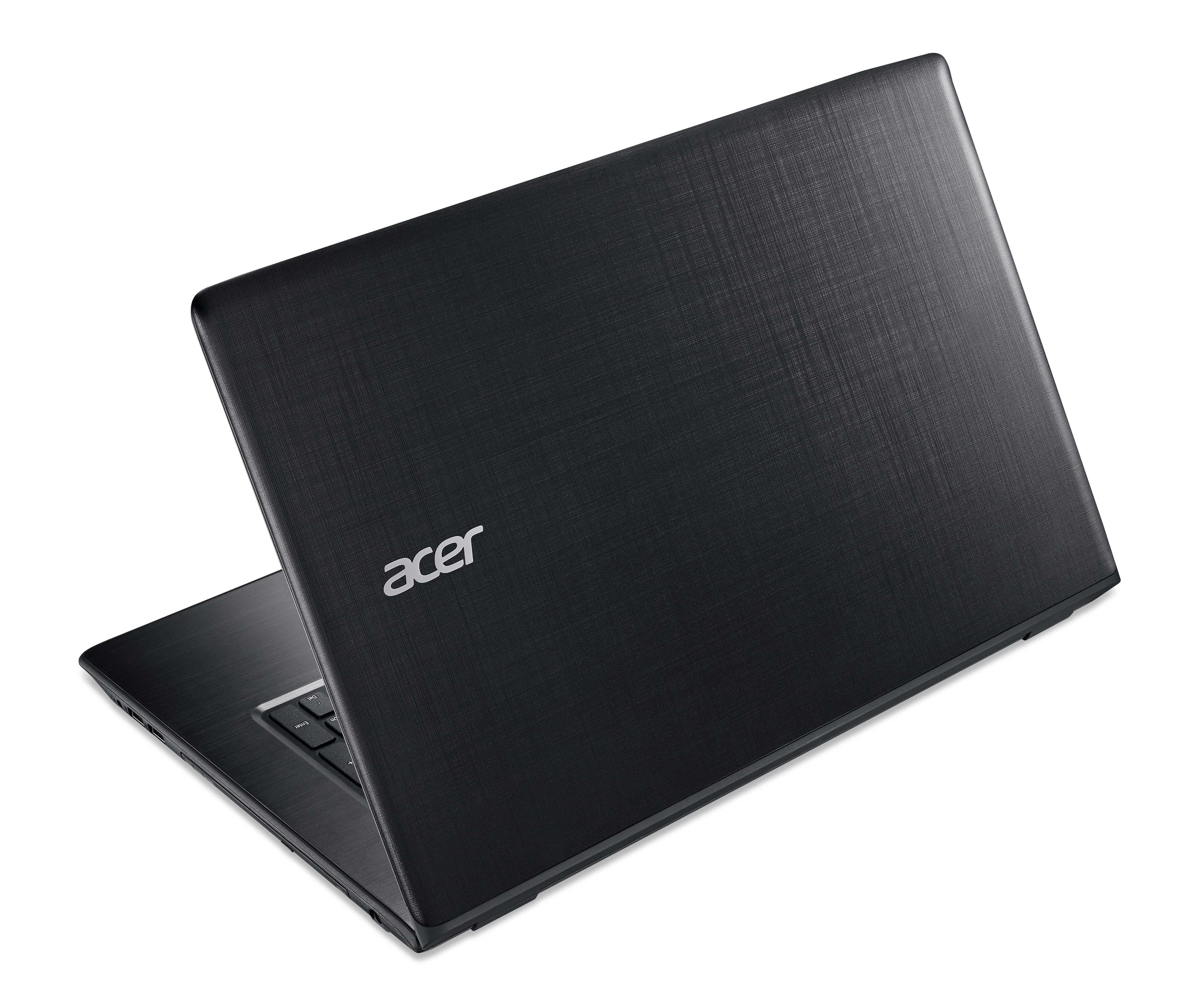 Schwarzer Laptop mit Acer-Logo auf dem Deckel, leicht geöffnet, auf weißem Hintergrund.