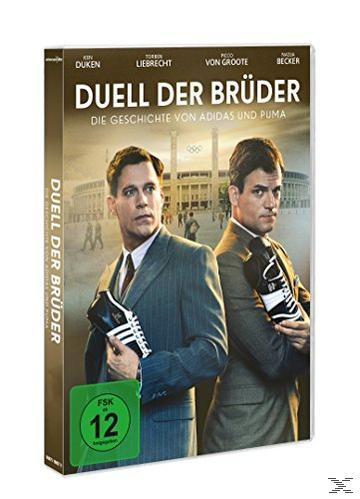 DVD-Cover eines Films 'Duell der Brüder' mit zwei Männern in Anzügen, die Schuhe halten, und einem Olympiastadion.