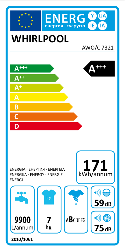 Egy energiacímke Whirlpool logóval, amely az energiahatékonysági besorolásokat és a fogyasztási adatokat mutatja. Fehér háttér.