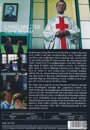 DVD-Rückseite: Priester in Roben, Text auf Spanisch, Filmszene, Unbedingter Gehorsam.
