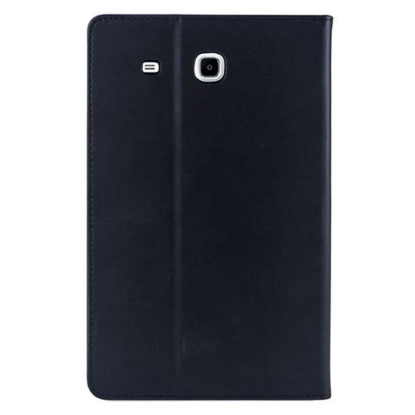 Black tablet cover with a camera and a button. The cover is closed and has a smooth, leather-like texture.