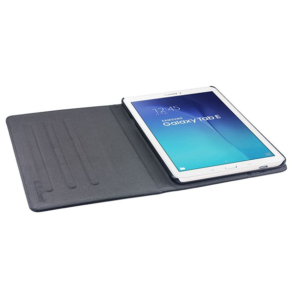 Tablet in a gray case. The tablet is open, showing the screen. The cover is on the left.