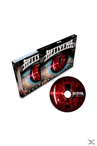 CD-Hülle und -Disc mit einem HellYeah-Albumcover, das rote Augen zeigt, auf weißem Hintergrund.