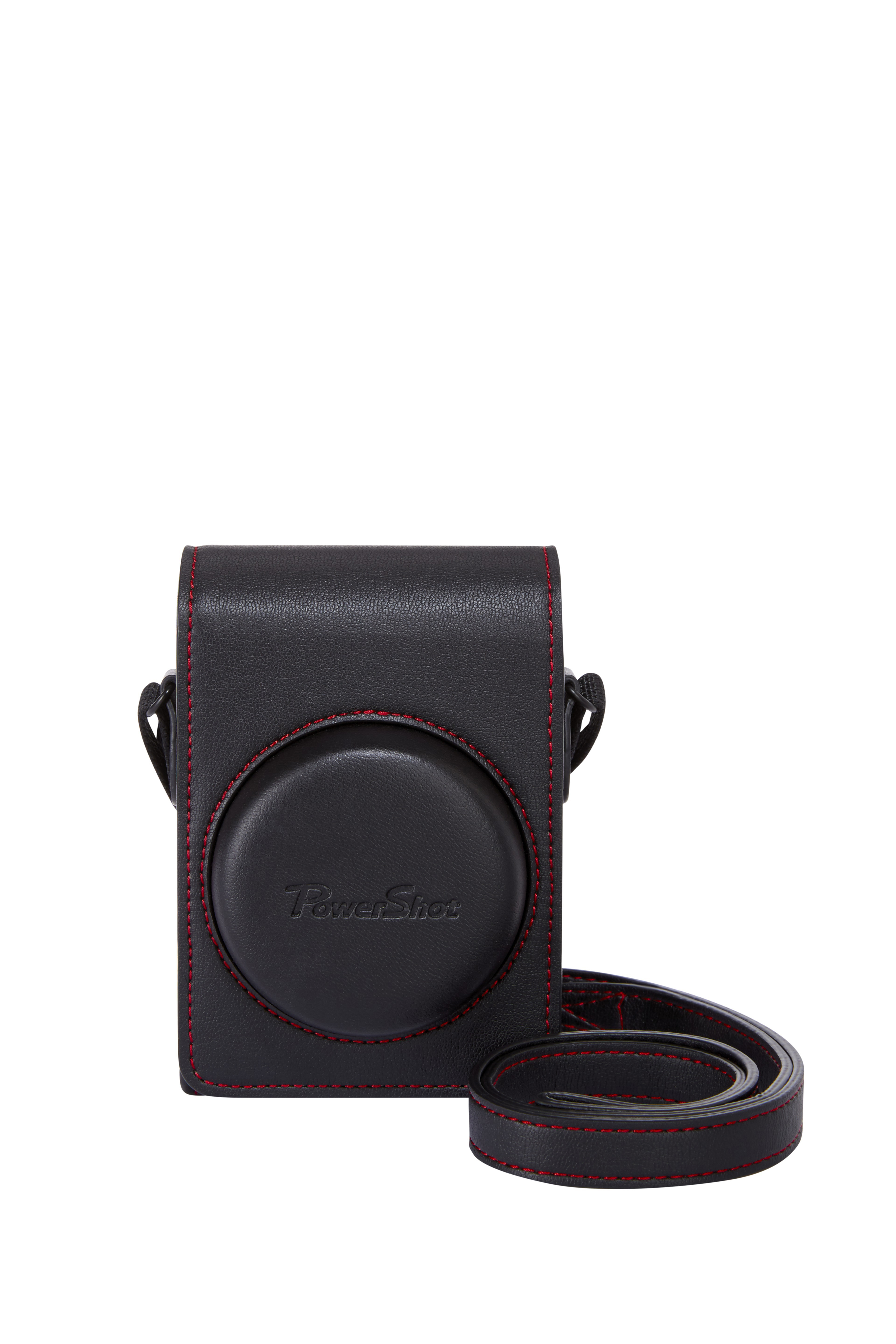 Schwarze Kameratasche mit roten Nähten und Riemen. Die Tasche ist quadratisch und hat eine runde Front.