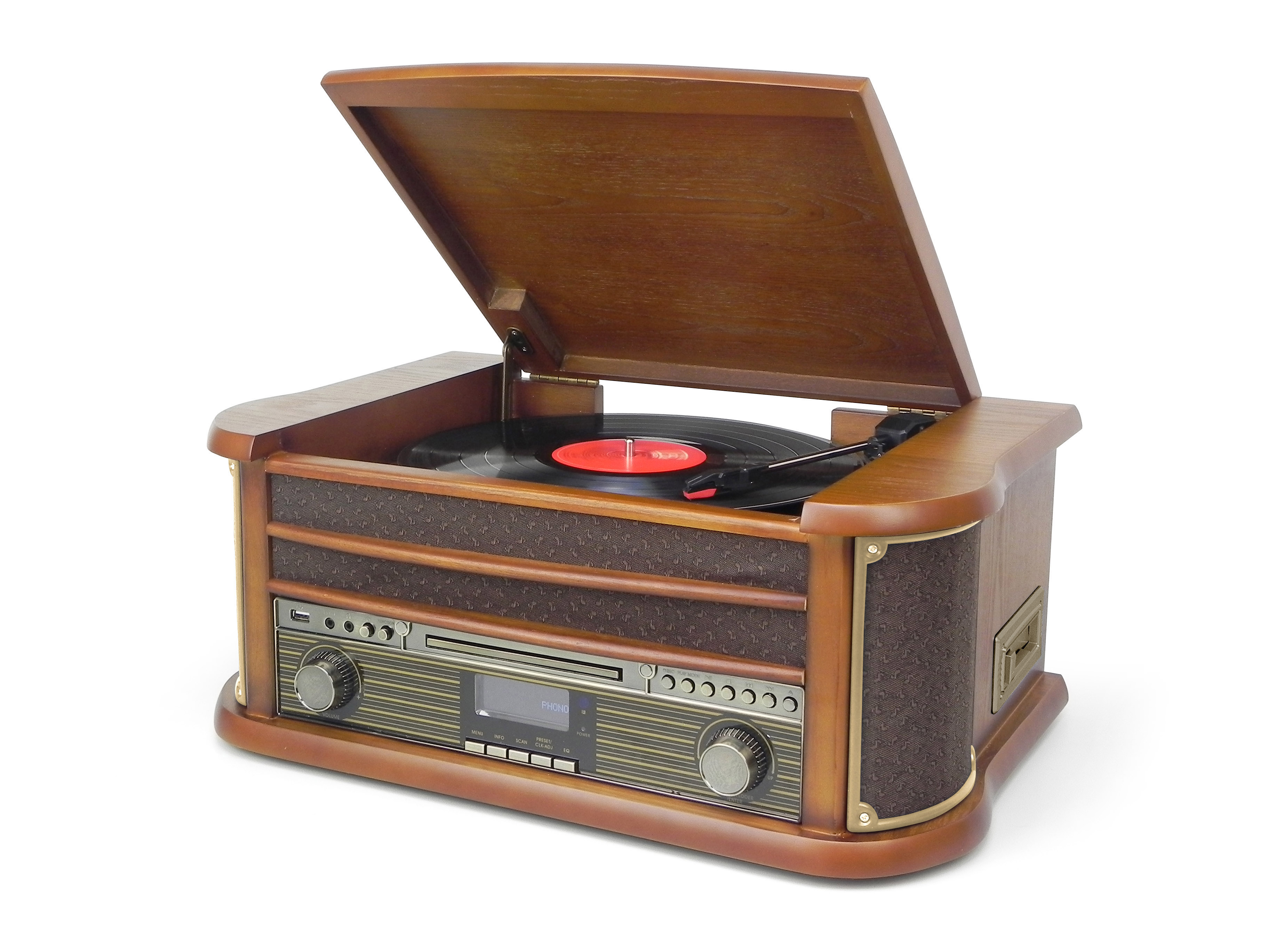 Un tourne-disque en bois de style rétro avec un disque sur le plateau et un lecteur CD.