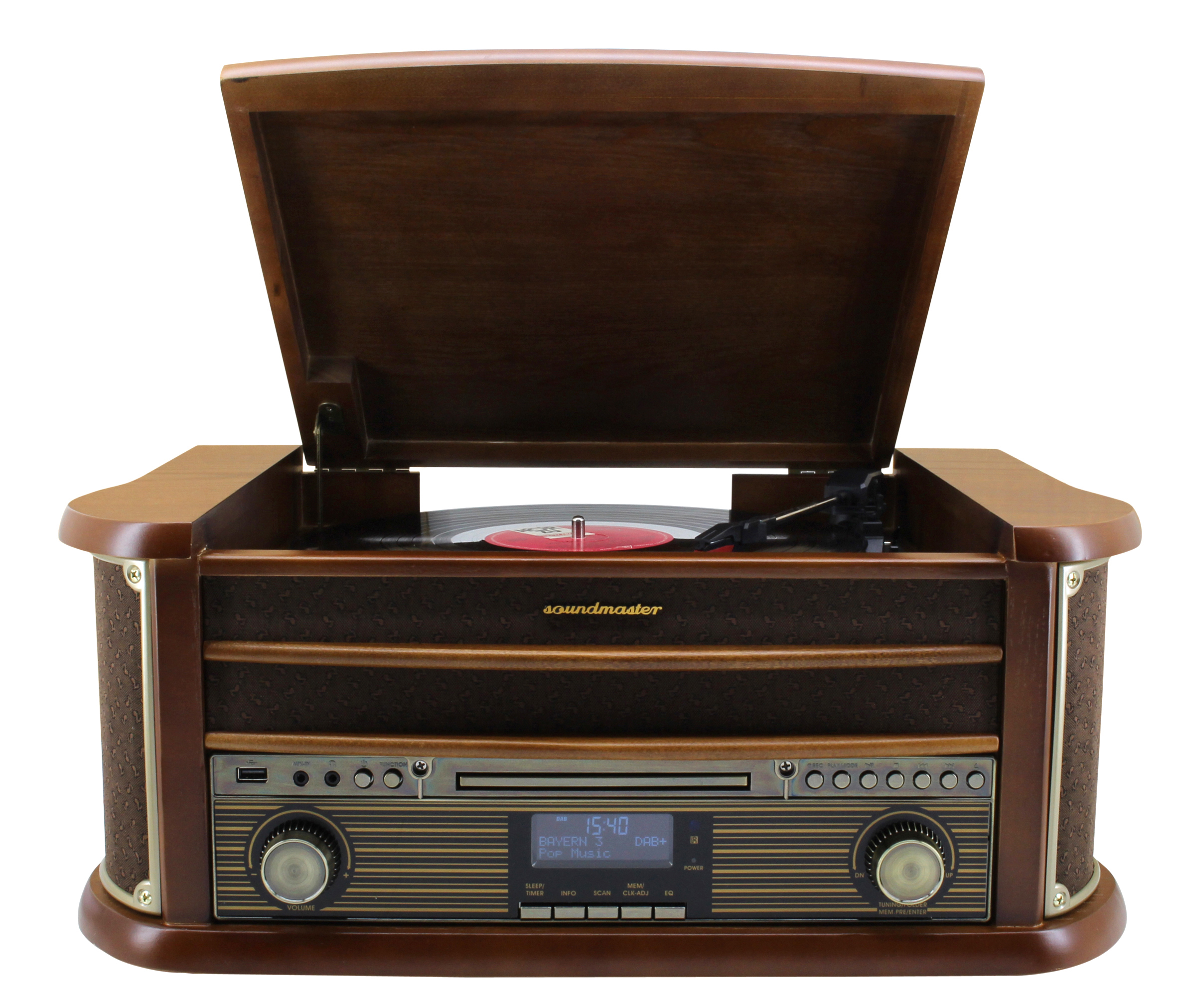 Lecteur de musique rétro en bois. Le dessus est ouvert.