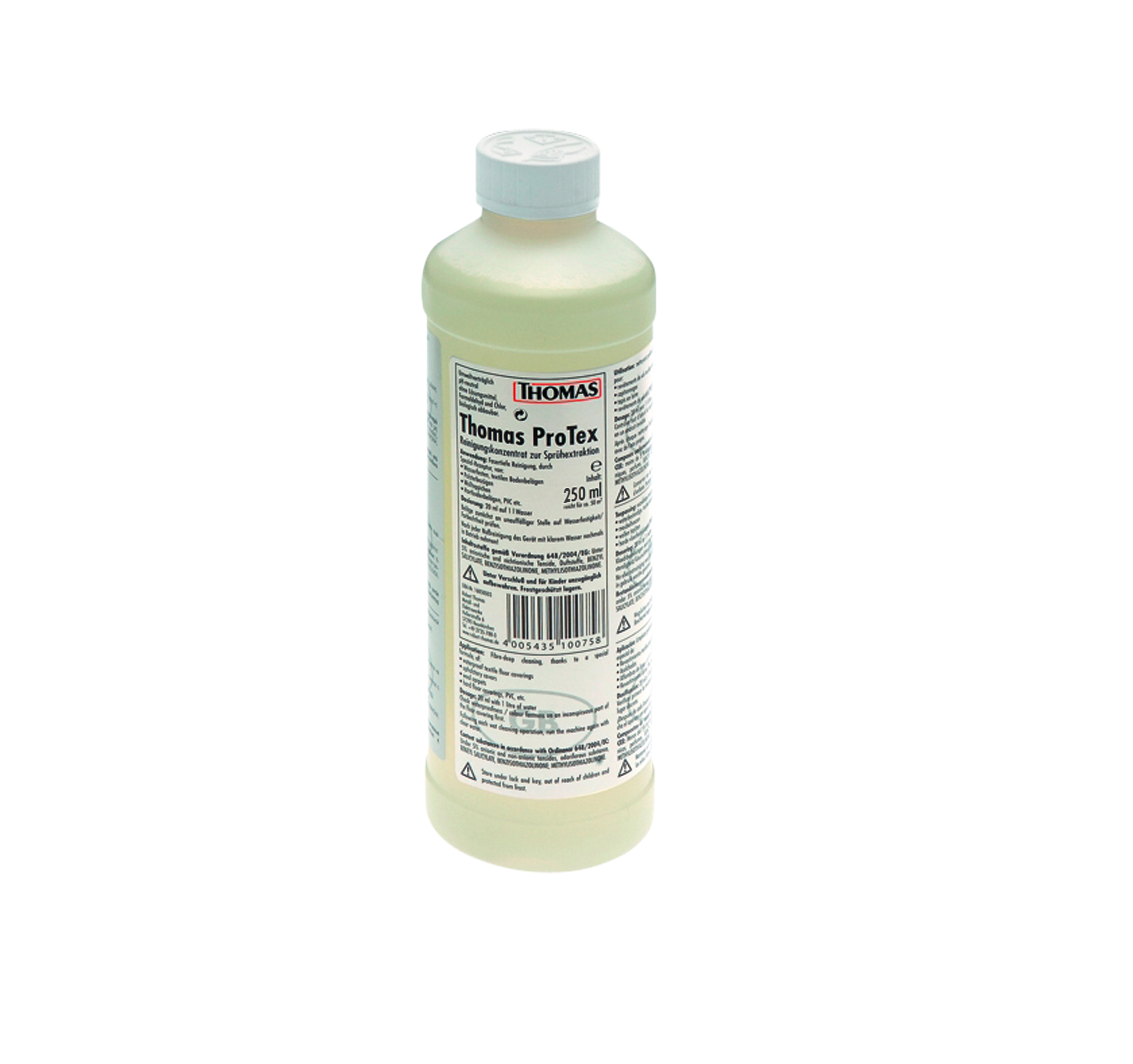 Eine Flasche Reinigungskonzentrat für Sprühextraktion, Thomas Protex, auf weißem Hintergrund.
