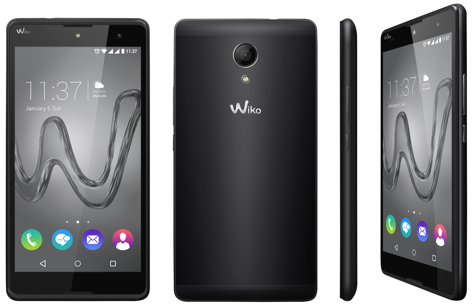 Schwarzes Wiko-Telefon, Vorder-, Rück- und Seitenansicht. Bildschirm zeigt Zeit und Symbole.