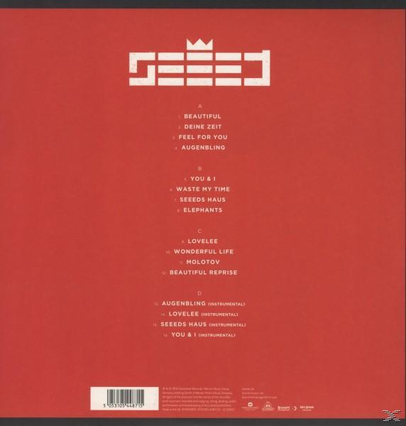 Albumcover. Roter Hintergrund mit weißem Text und Titelliste für SEED. Logo oben mittig.