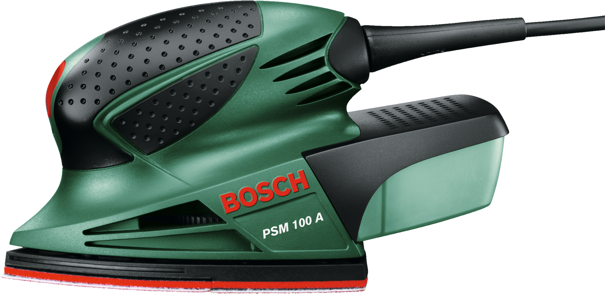 Zöld és fekete Bosch csiszoló. A szerszám fekete fogantyúval és piros csiszolópaddal rendelkezik.