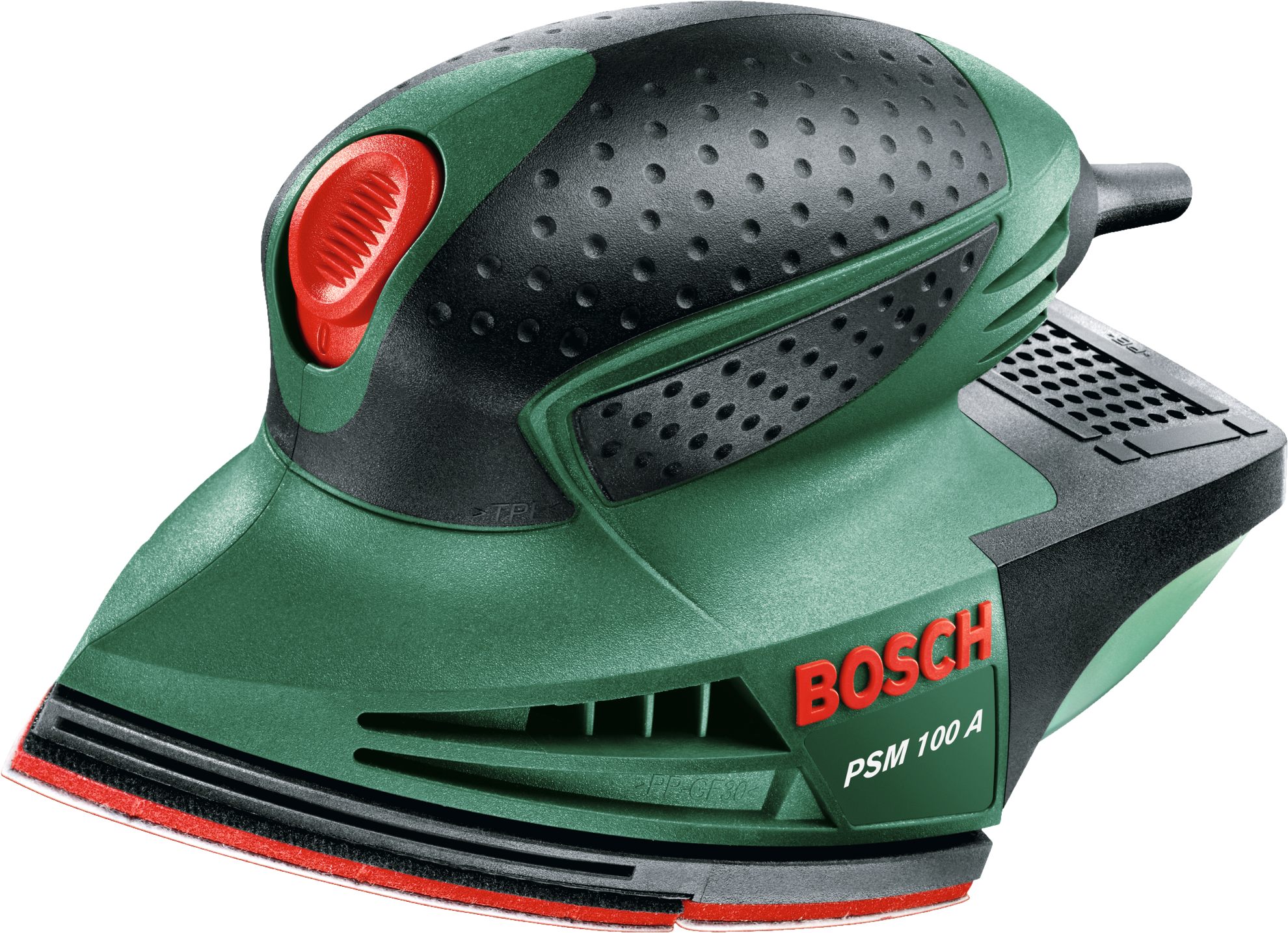 Zöld-fekete Bosch csiszolószerszám piros gombbal.