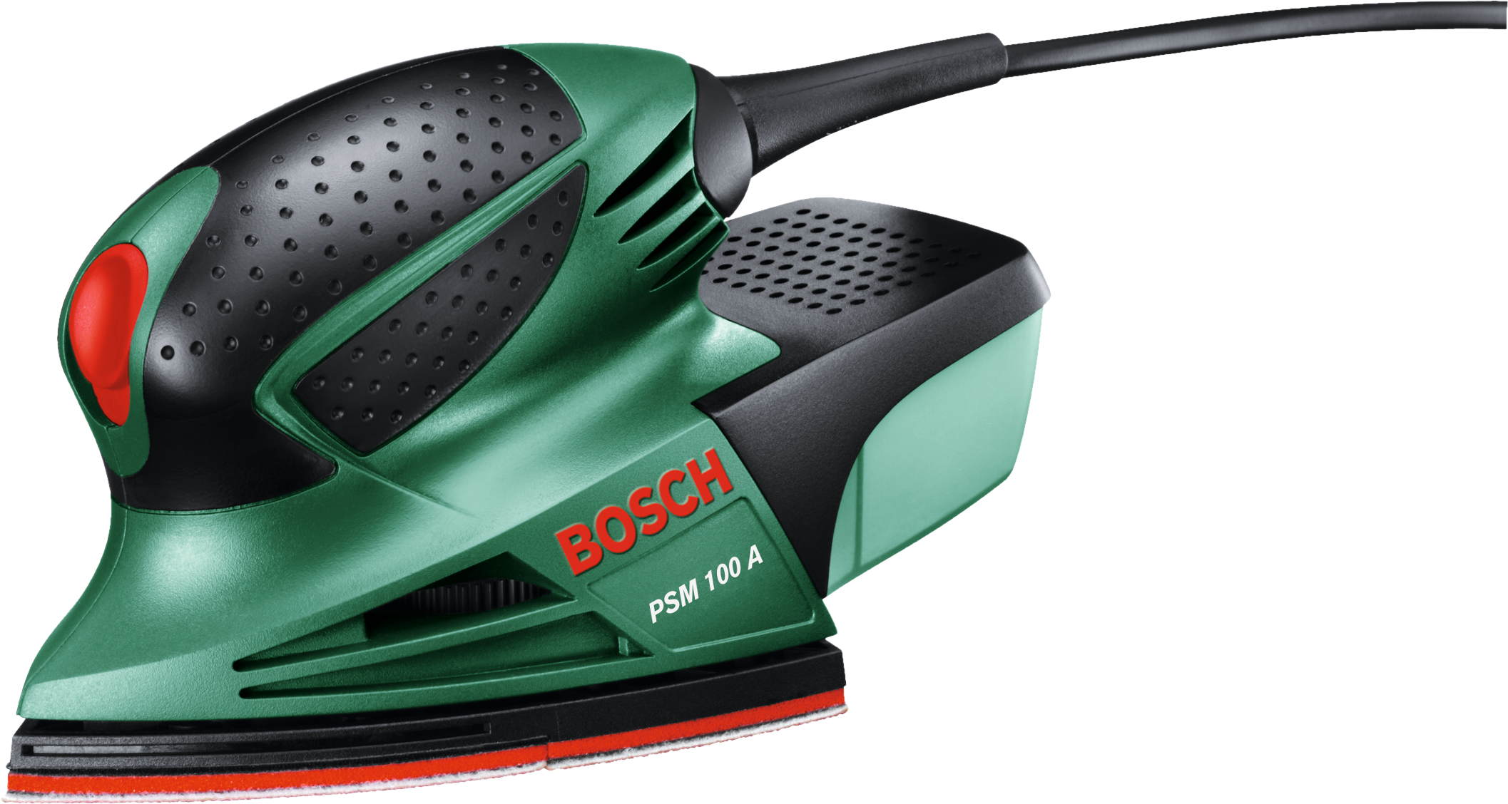 Zöld és fekete Bosch csiszoló piros gombbal és PSM 100 A névvel.