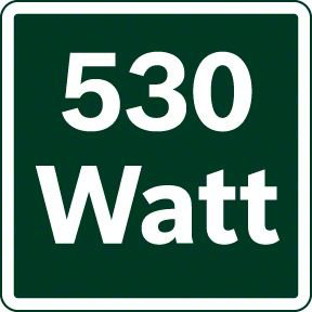 Egy zöld négyzet a '530 Watt' szöveggel fehérrel. A háttér sötétzöld.