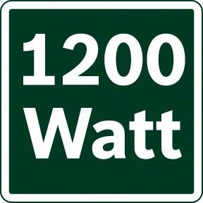 Zöld négyzet alakú tábla fehér szöveggel: 1200 Watt.