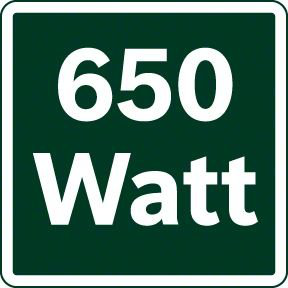 Egy zöld négyzet alakú tábla a '650 Watt' felirattal fehér betűkkel.