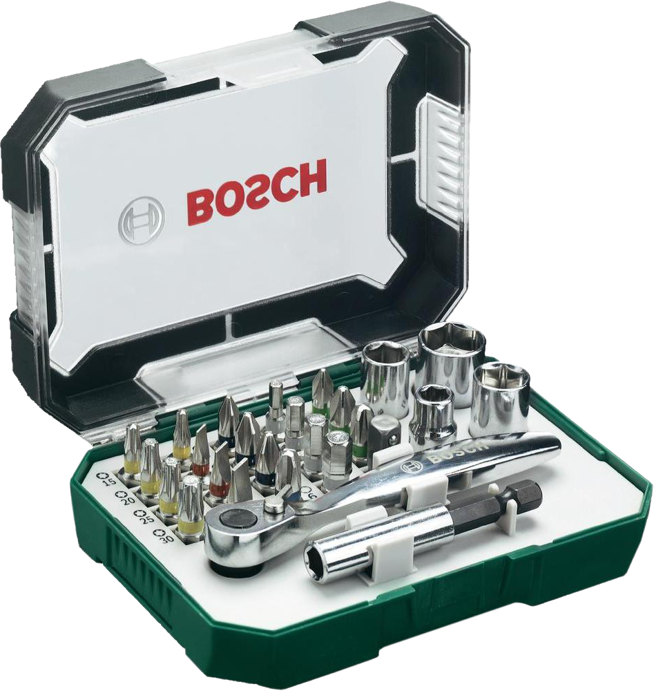 Bosch szerszámkészlet zöld és átlátszó tokban.