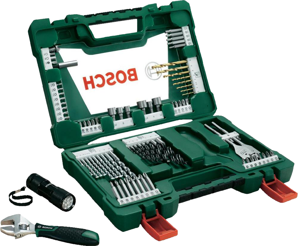 BOSCH 83 részes V-Line TiN fúró- és bitkészlet, LED-es zseblámpával állítható villáskulccsal (2607017193)