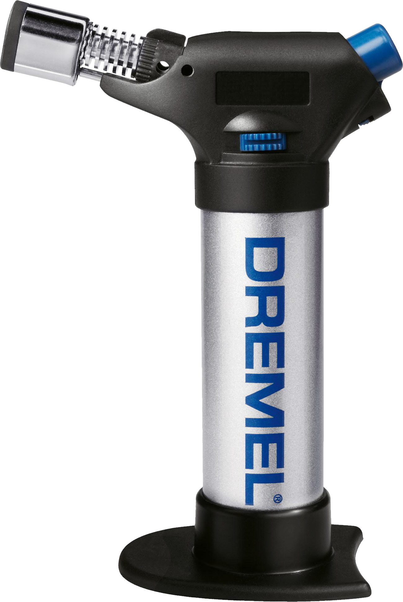 Fekete és ezüst Dremel fáklya kék részletekkel, fekete alapon.