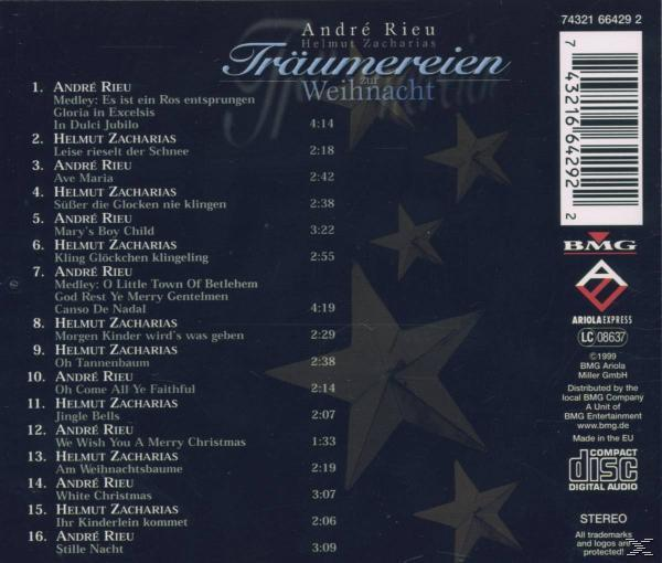 CD-Rückseite. Text über Weihnachtsmusik von André Rieu. Sternendesign. Weißer Hintergrund.