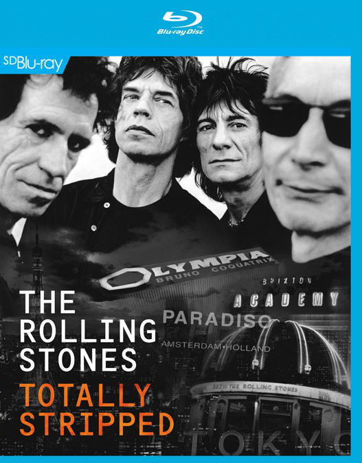 A Rolling Stones Blu-ray borítója, a zenekar tagjainak arcával és koncerthelyszínekkel a háttérben.