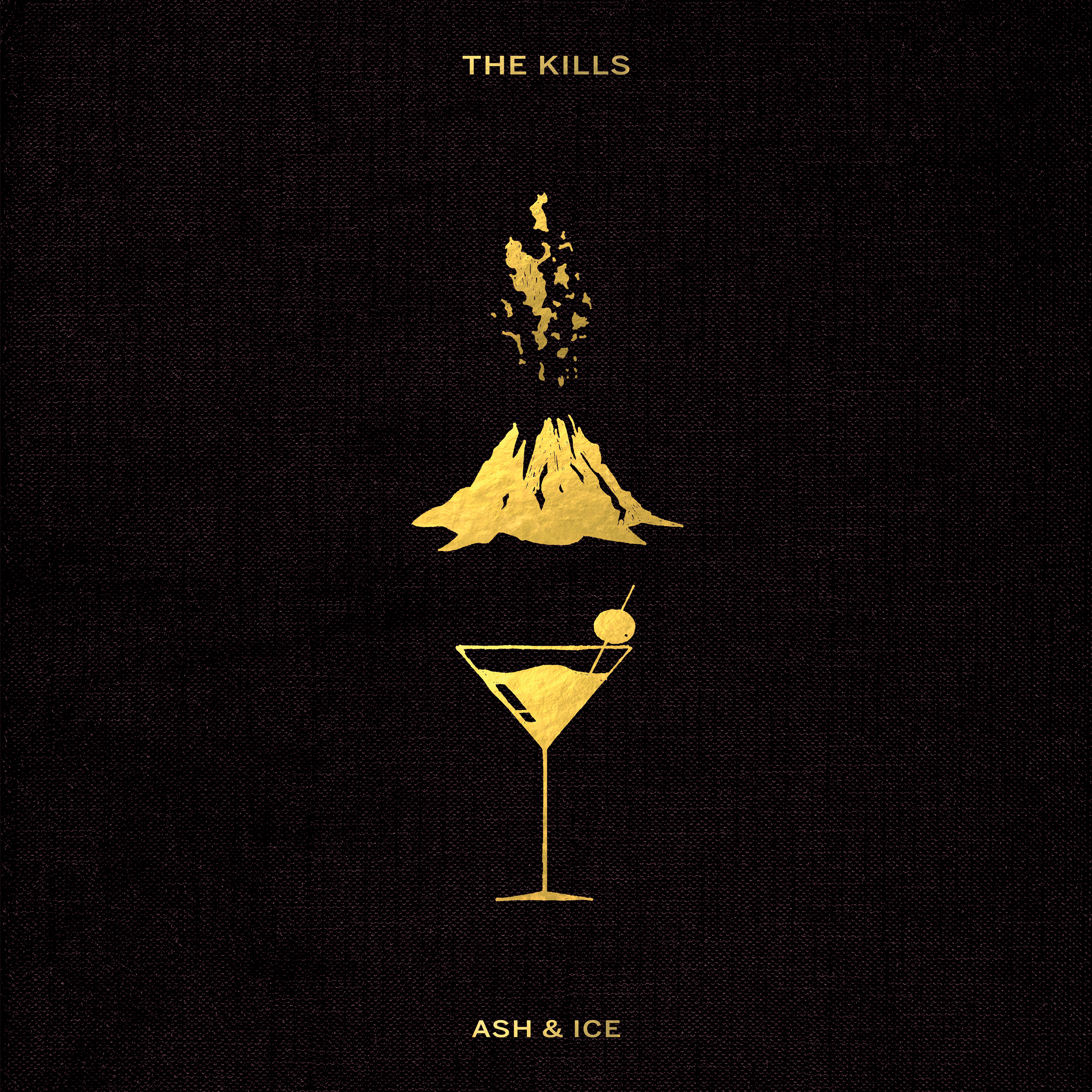 Albumhoes voor 'Ash & Ice' van The Kills, met gouden martini glas en vulkaan.
