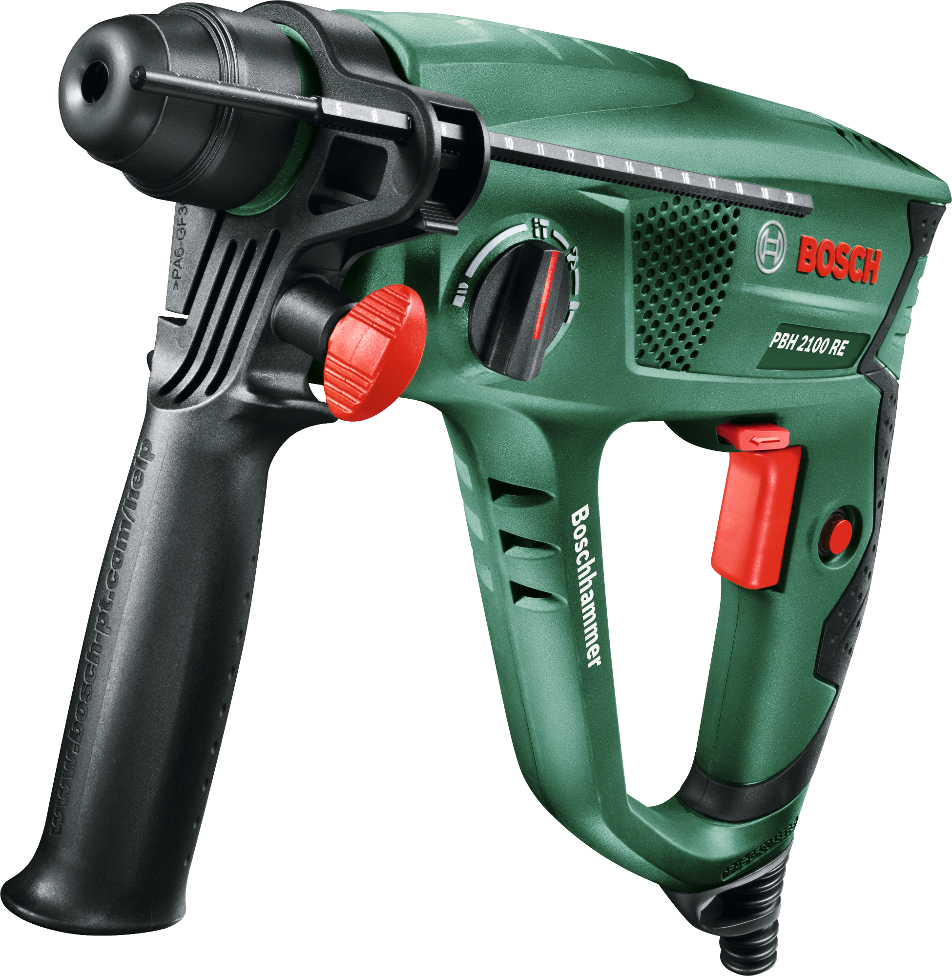 Bosch fúrókalapács. Zöld és fekete test piros elemekkel. Fehér háttér.