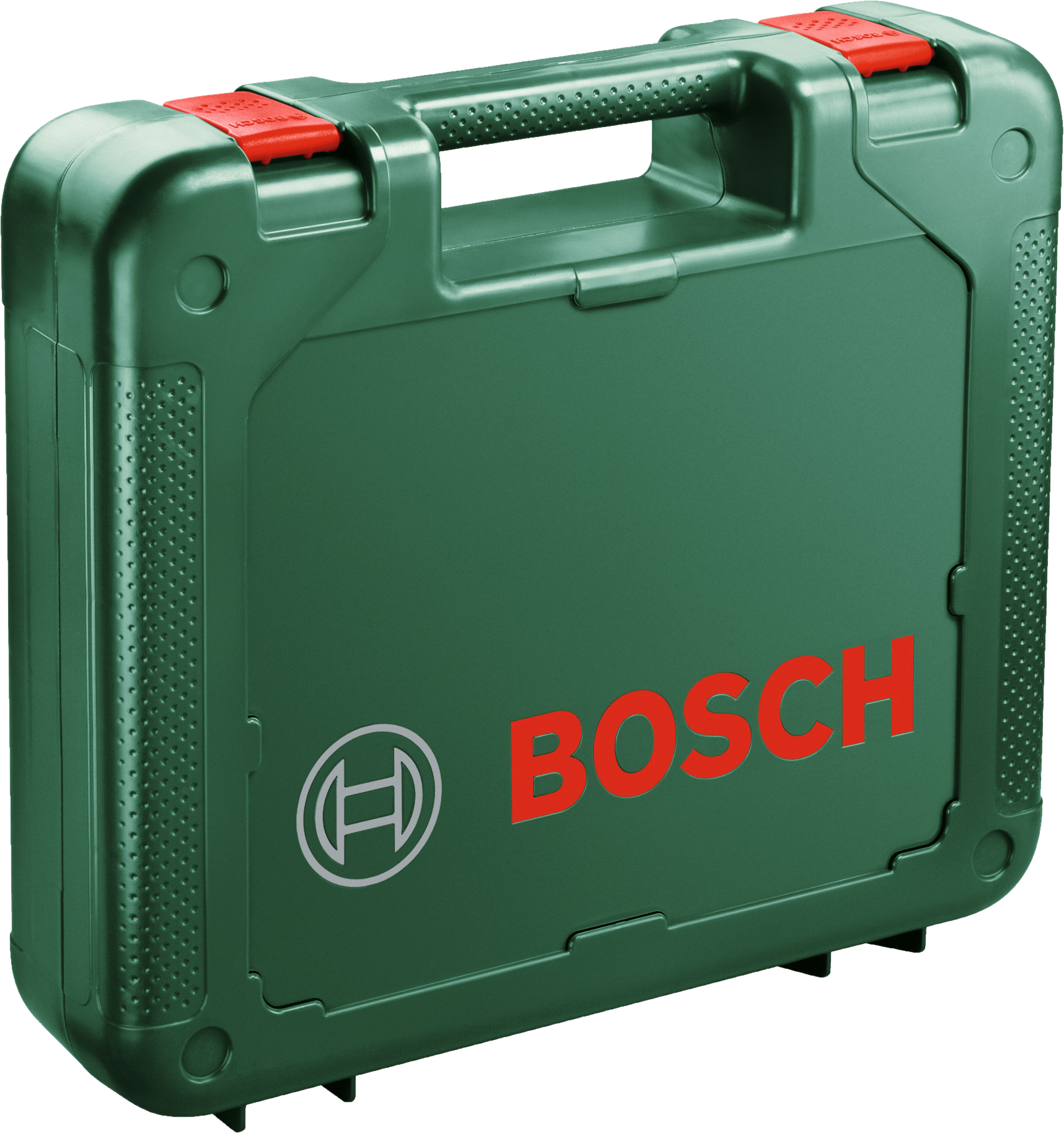Zöld Bosch szerszámosláda piros Bosch logóval és fogantyúval. Fekete háttér.