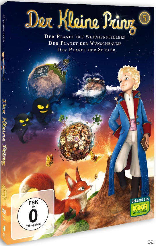 DVD-Hülle von 'Der Kleine Prinz' mit animierten Figuren, Planeten, einem Fuchs und Text auf Deutsch. Ein kleiner Prinz ist abgebildet.