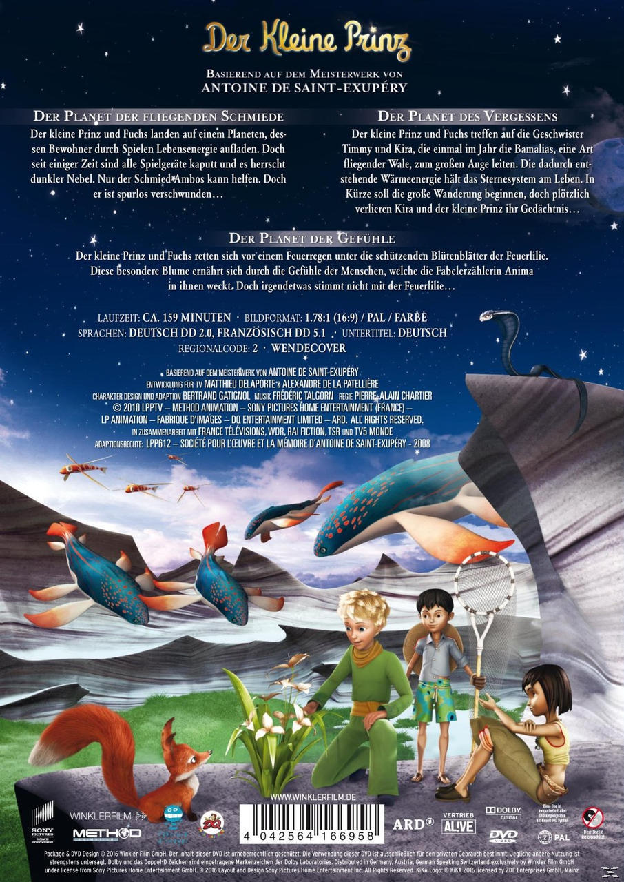 Rückseite einer DVD-Hülle mit einem Cartoon-Bild eines Jungen und eines Fuchses.