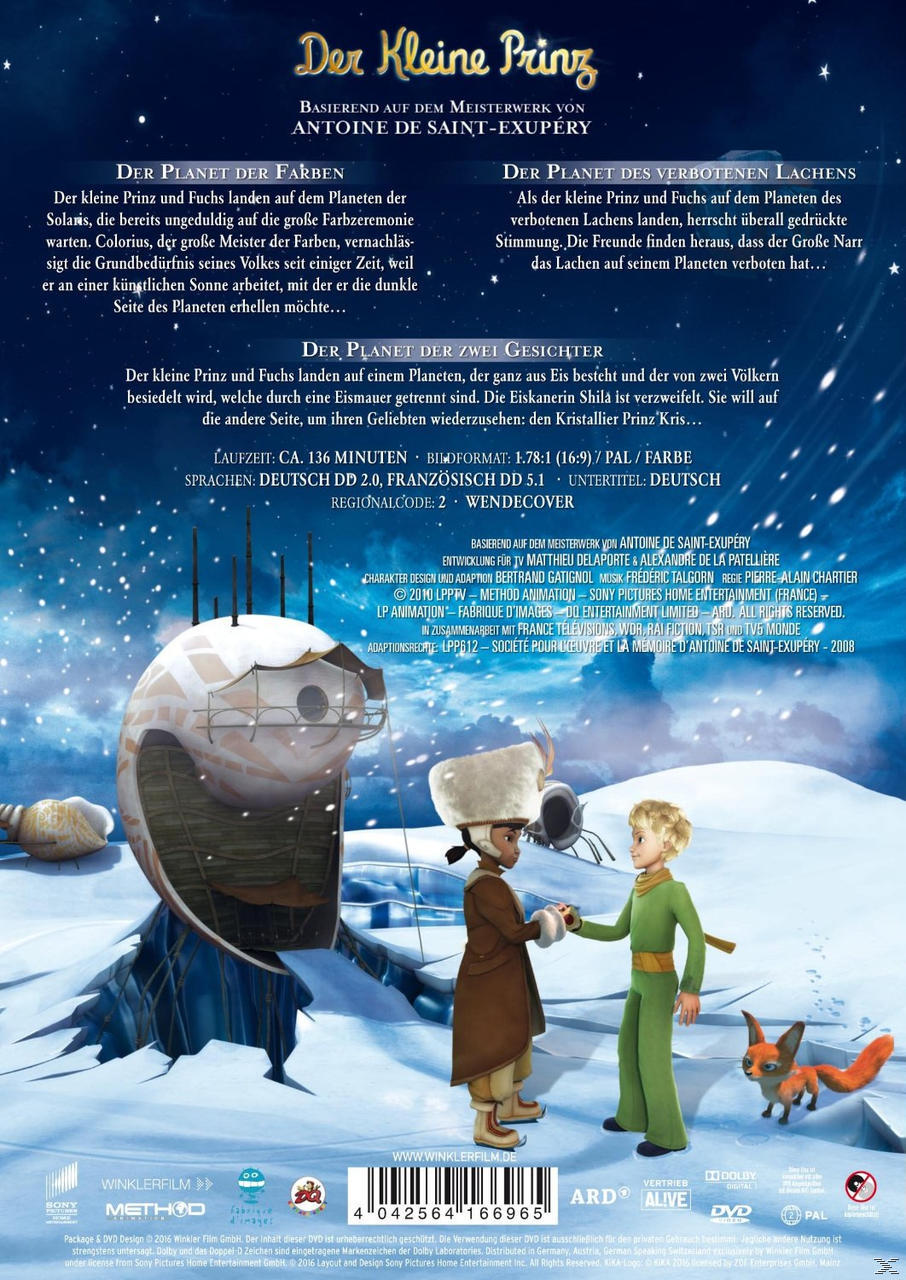 Rückseite einer DVD-Hülle des Films 'Der kleine Prinz'. Zeigt Zeichentrickfiguren und eine schneebedeckte Landschaft.