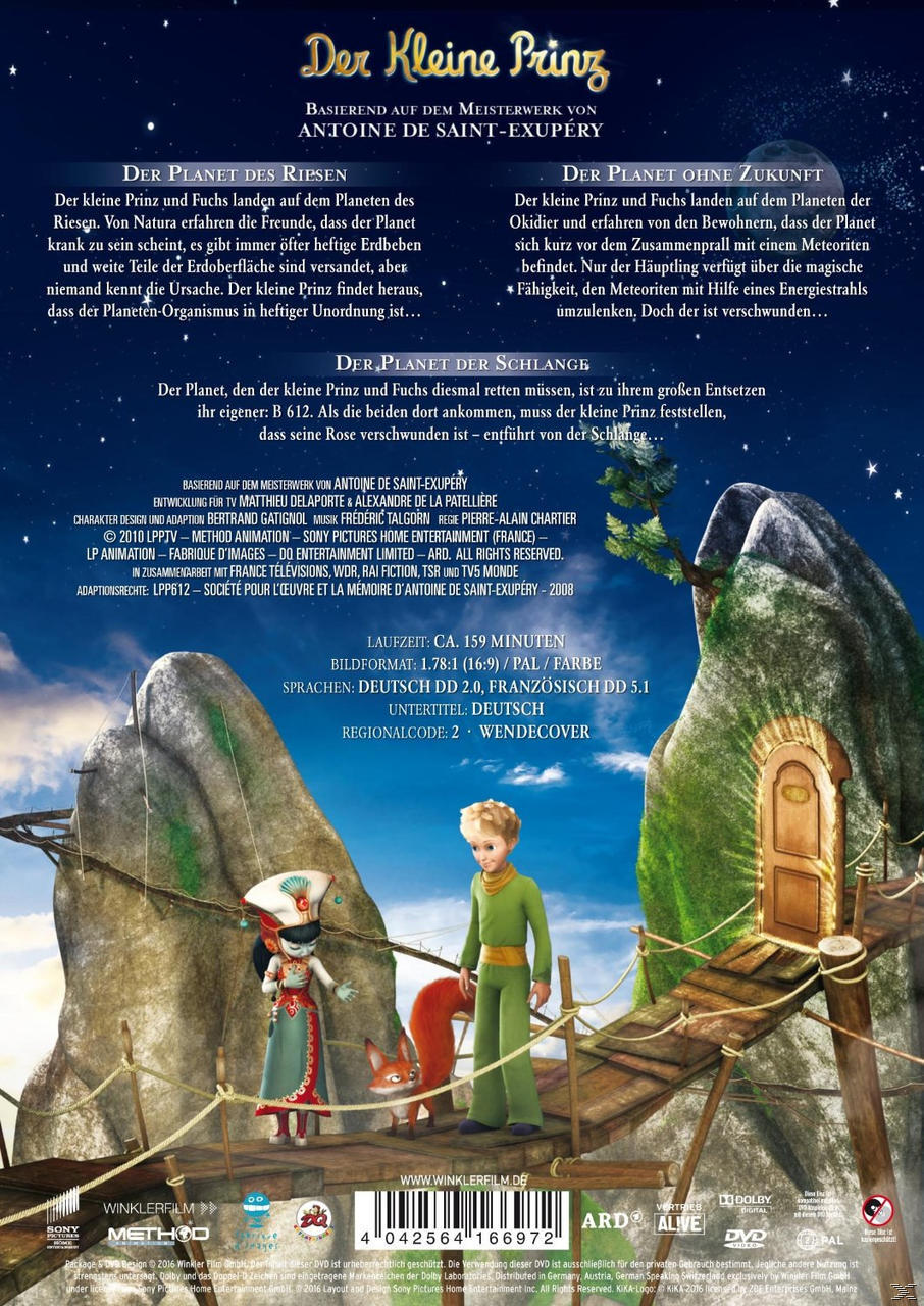 Rückseite einer DVD-Hülle mit Zeichentrickfiguren, einem kleinen Prinzen und einem Fuchs.