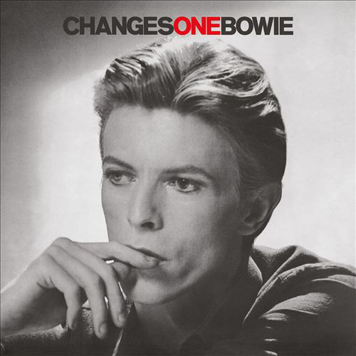 David Bowie album borítója, fekete-fehér kép CHANGESONEBOWIE címmel.