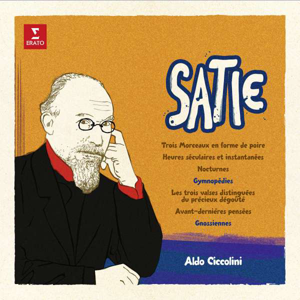 Album borító: Erik Satie portréja és a neve. A szöveg zenei címeket tartalmaz.