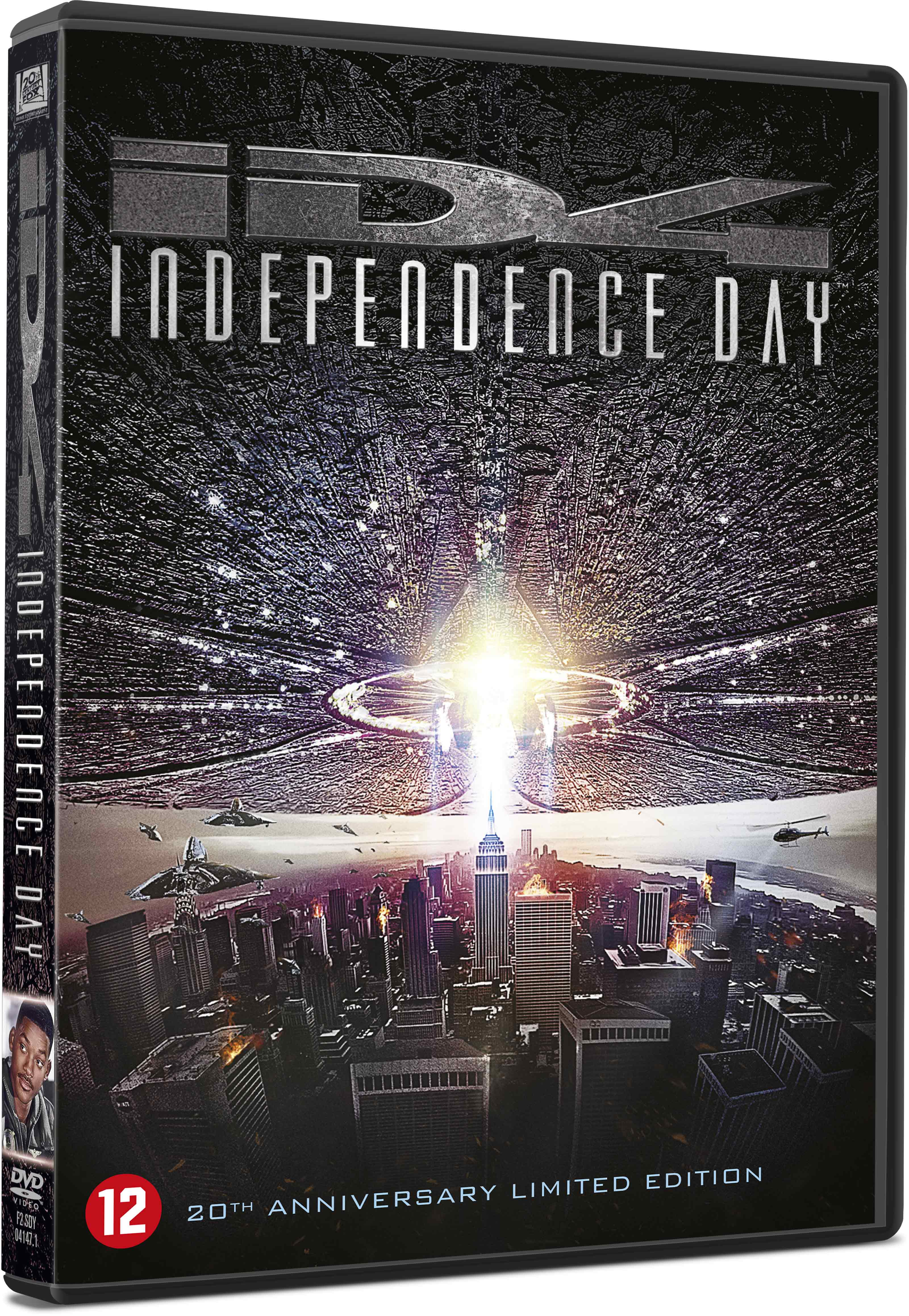 DVD-hoes voor Independence Day. De hoes heeft een futuristische stad en ruimteschepen.