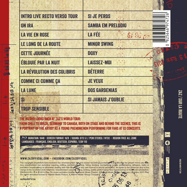 DVD-Rückseite: Titelliste, Infos zur Zaz-Welttournee und Credits. Enthält Barcode und Urheberrechtsdetails.