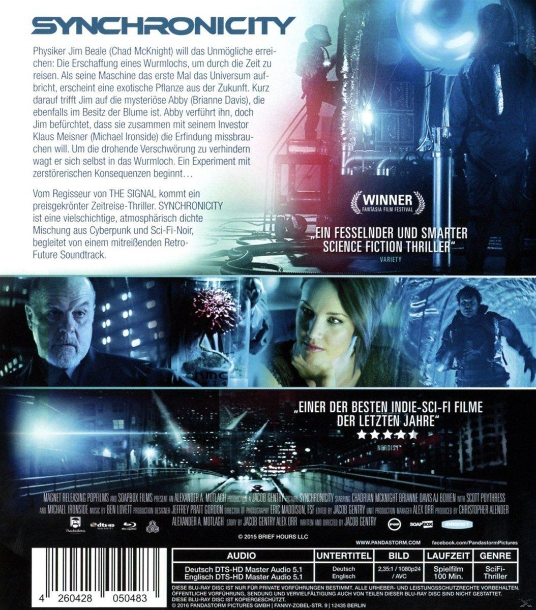 DVD-Cover für 'Synchronicity' mit Bildern von Schauspielern und Text auf blauem Hintergrund.