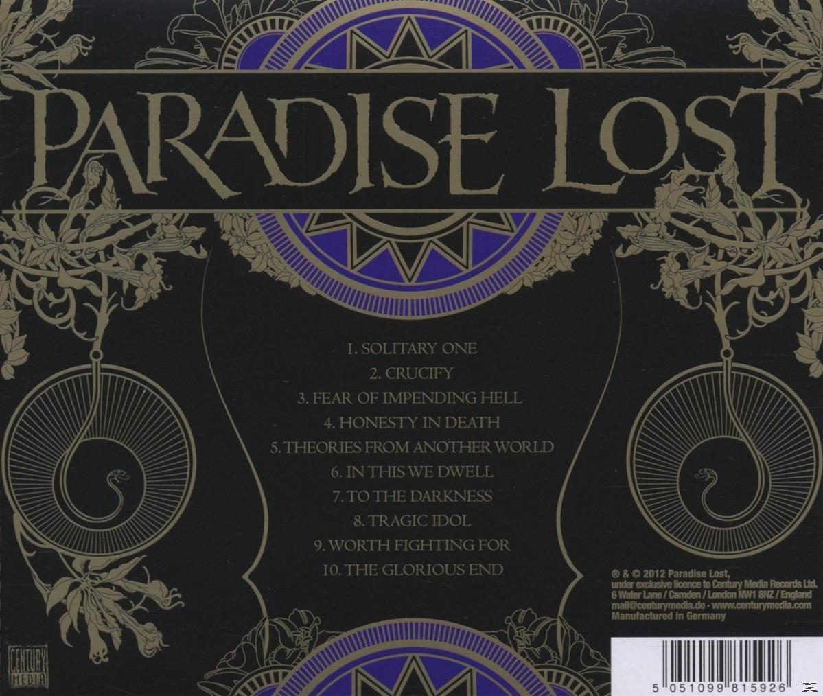 CD-Cover. Text und Logo 'Paradise Lost'. Dunkler Hintergrund, Blumendesign.
