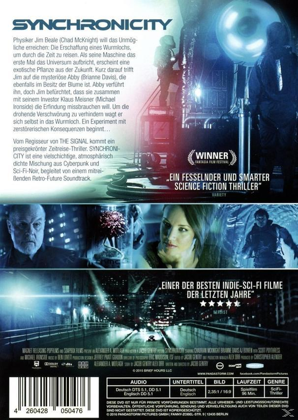 DVD-Hülle für 'Synchronicity'. Poster mit Text und Bildern aus Filmszenen.