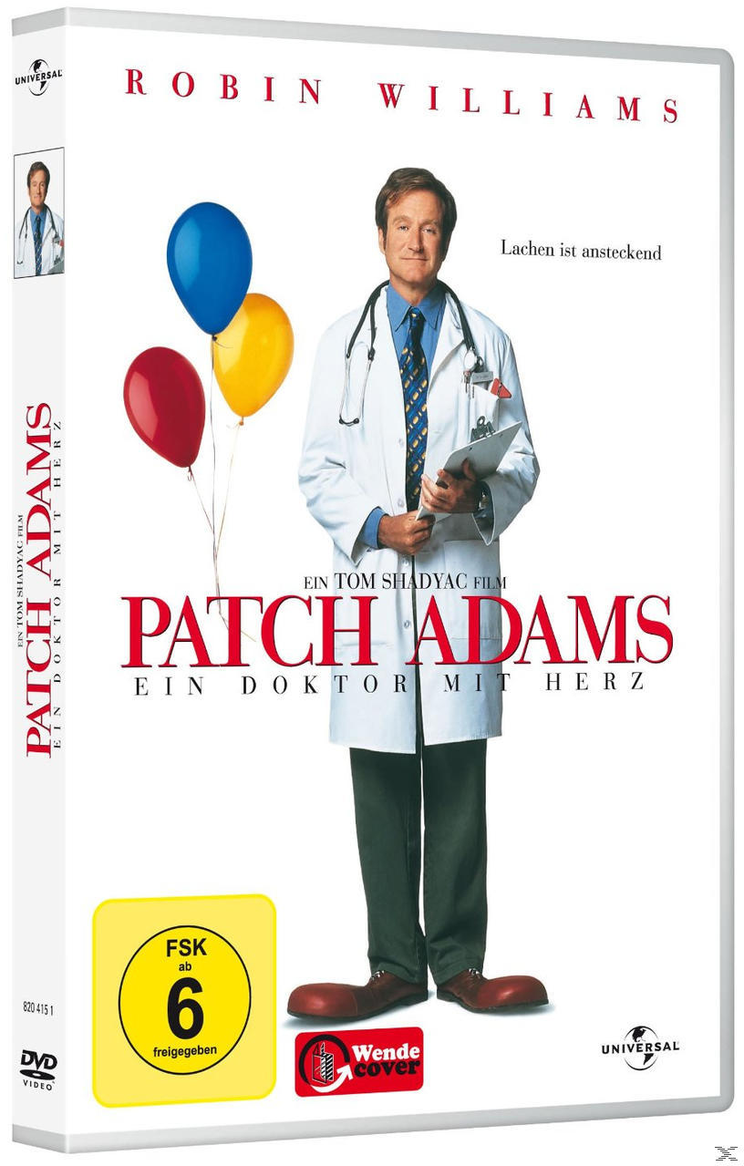 DVD-Cover für 'Patch Adams', Robin Williams im Arztkittel, Luftballons und Titeltext.