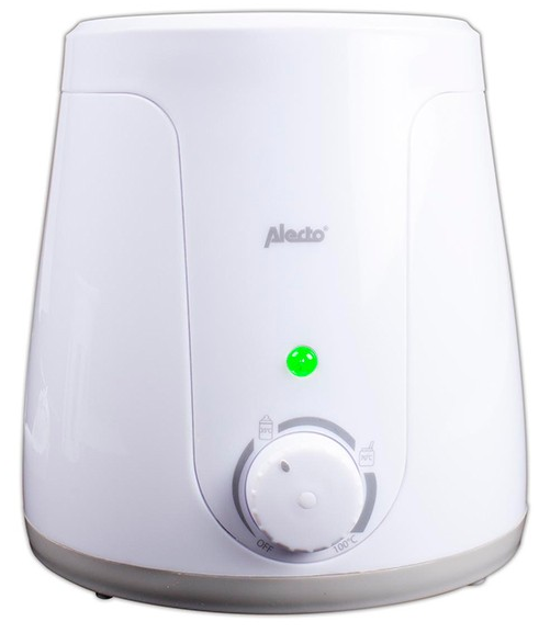 White baby bottle warmer with dial and green light.  Brand name 'Alecto' displayed on the device.