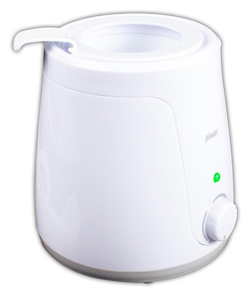 White baby bottle warmer with a dial and a green light, isolated on a white background.