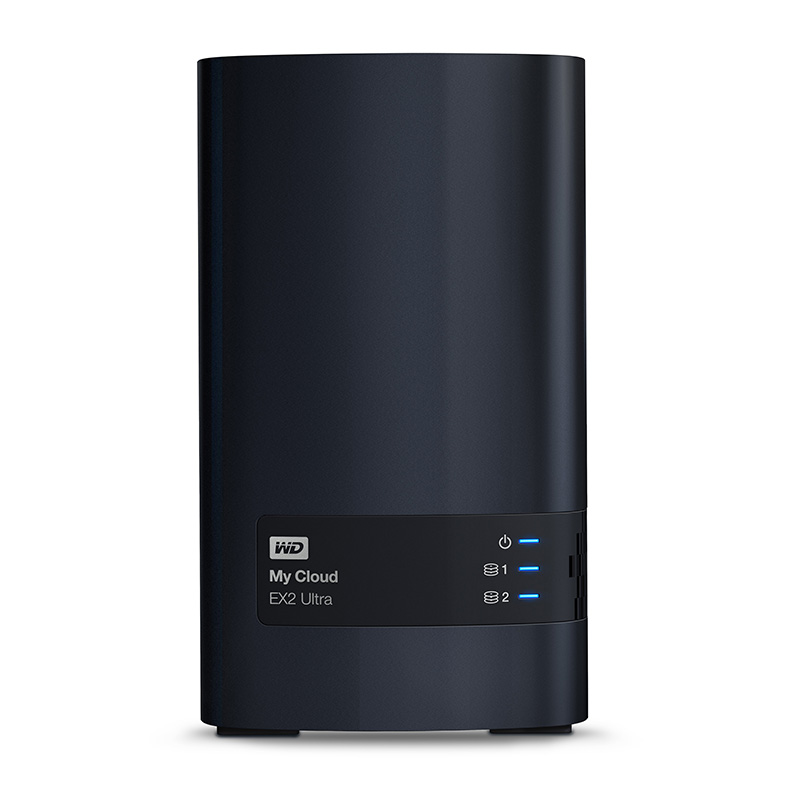 Black external hard drive, vertical, with blue indicator lights. White background. WD My Cloud EX2 Ultra.