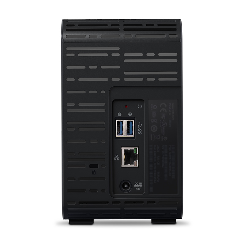 Black external hard drive with ports. Ethernet, USB, and power input are visible.