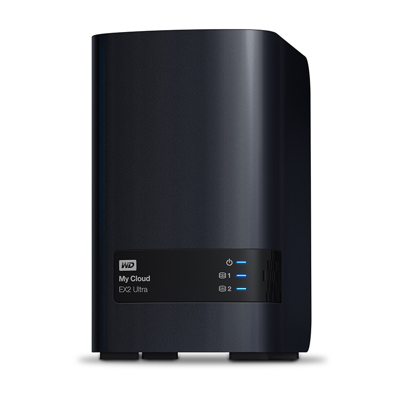 Black WD My Cloud EX2 Ultra. Front view with lights and text.