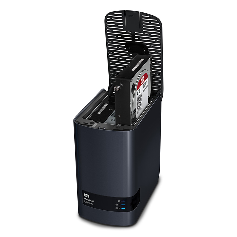 A black hard drive enclosure with a hard drive partially exposed, on a white background.