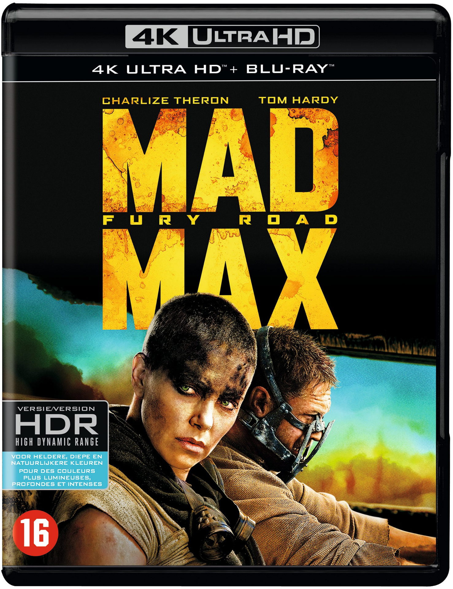 Mad Max: Fury Road Blu-ray cover. Toont Charlize Theron en Tom Hardy. Vetgedrukte gele titel.