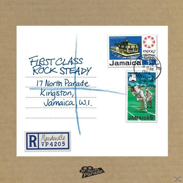 Briefmarken auf einem Umschlag. Text: FIRST CLASS ROCK STEADY und Adresse in Jamaika.