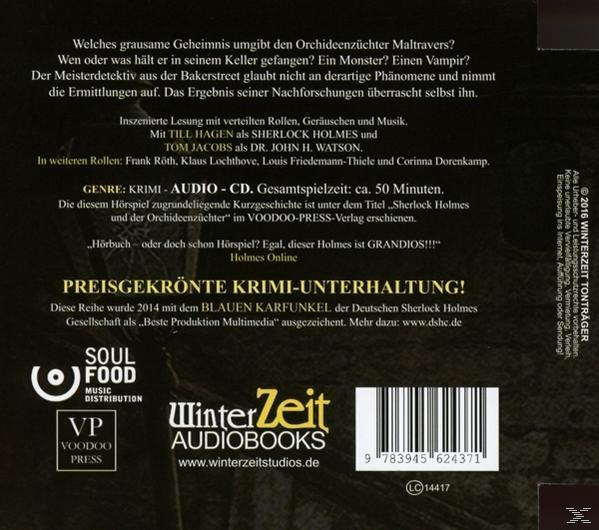 Buchcover mit deutschem Text. Text: Sherlock Holmes und der Orchideenzüchter.