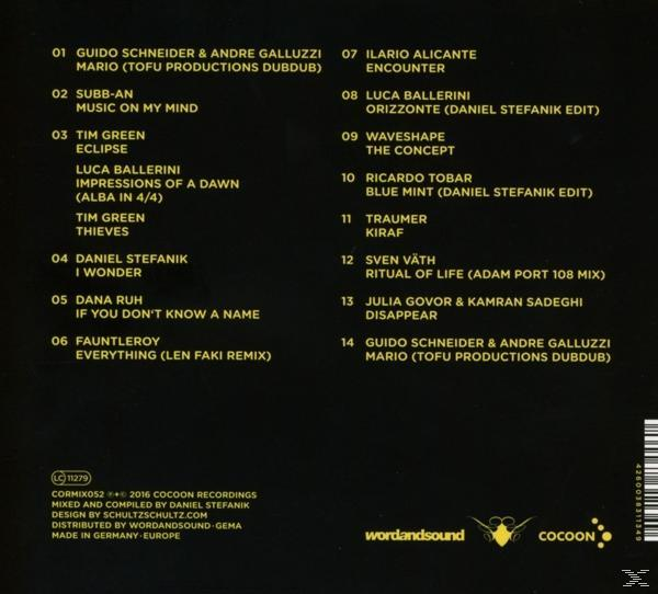 CD-Cover mit Titelliste und Künstlernamen. Enthält das Logo von Cocoon.