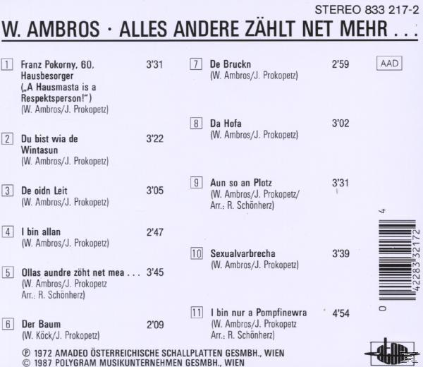 Rückseite eines CD-Covers mit Titelliste von W. Ambros, inklusive Titel und Spielzeiten.